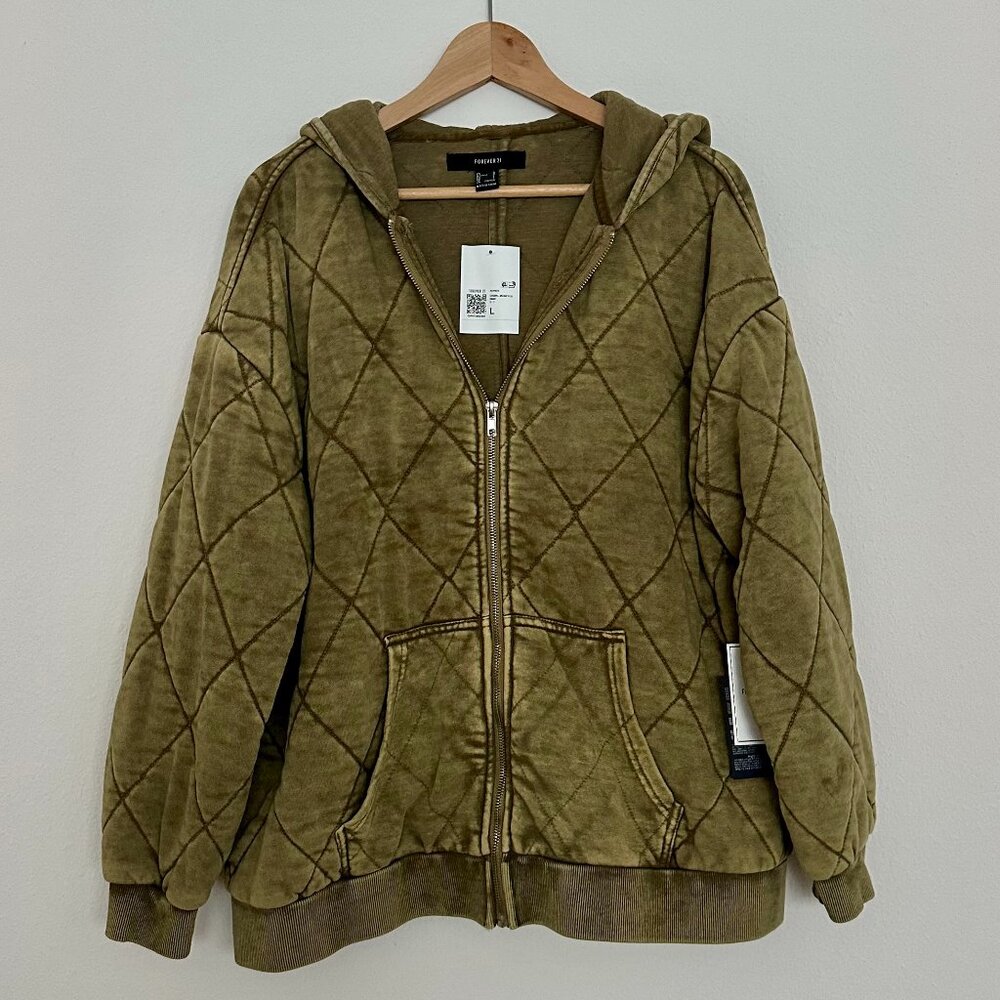 Forever 21 Quilted Zip-Up Hoodie (Sage)